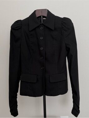 Max Studio Black Tailored Button-Up Blazer with Puff Shoulders